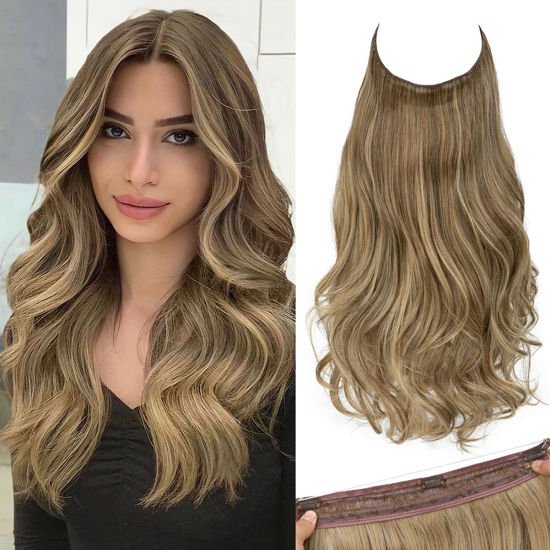 Picture of SARLA Invisible Wire Hair ExtensionsLong Wavy Curly Synthetic Hairpiece f with 3 Clips or Women Adjustable Transparent Headband 18 Inch Sandy Brunette