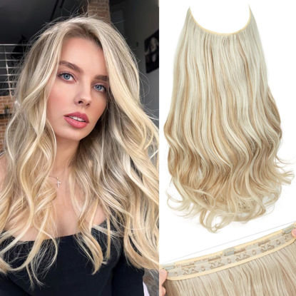 Picture of SARLA Invisible Wire Hair Extensions with 3 Clips Short Wavy Curly Synthetic Hairpiece for Women Adjustable Transparent Headband 14 Inch Sunny Blonde