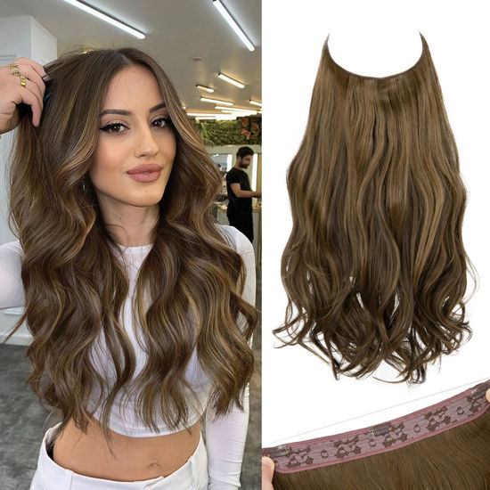 Picture of SARLA Invisible Wire Hair Extensions with 3 Clips Long Wavy Curly Synthetic Hairpiece for Women Adjustable Transparent Headband 18 Inch Coffee Brown