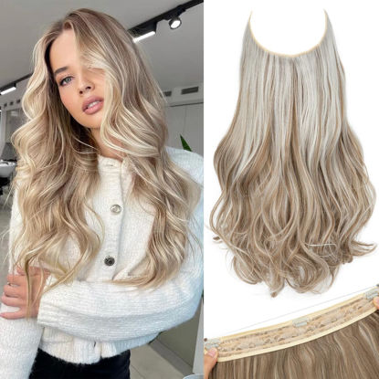 Picture of SARLA Invisible Wire Hair Extensions with 3 Clips Long Wavy Curly Synthetic Hairpiece for Women Adjustable Transparent Headband 22 Inch Ivory Blonde