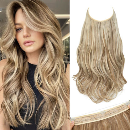 Picture of SARLA Invisible Wire Hair Extensions with 3 Clips Long Wavy Curly Synthetic Hairpiece for Women Adjustable Transparent Headband 22 Inch Bahama Beige