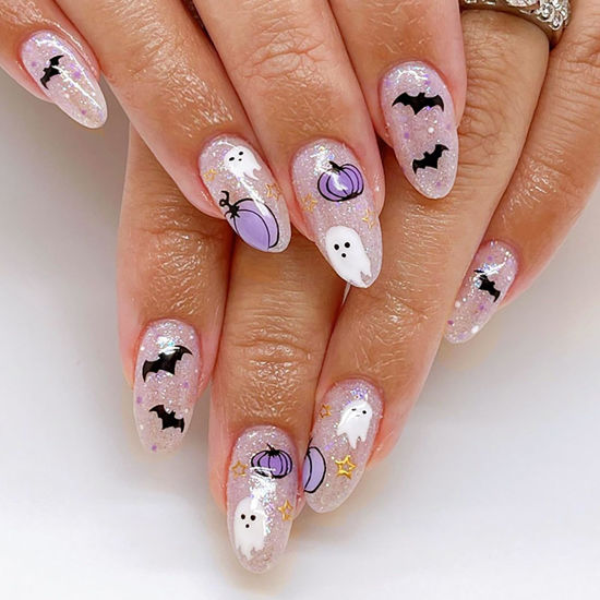 Picture of Halloween Press on Nails Medium Almond Fake Nails Light Purple Full Cover Pumpkin Ghost Bat False Nails with Designs Glitter Glossy Glue on Nails Manicure Artificial Nails for Women Girls 24Pcs