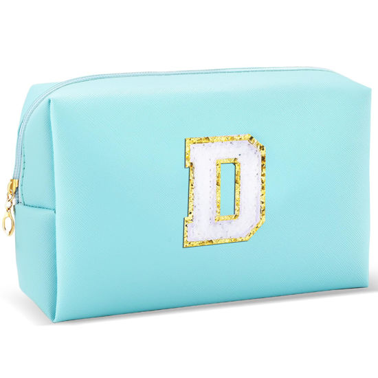 Picture of URSKYTOUS Gifts for Girls Initial Makeup Bag Personalized Cosmetic Bag with Zipper Cute Travel Toiletry Bag Waterproof PU Preppy Makeup Pouch Birthday Gift for Teen Girls Women(Blue D)