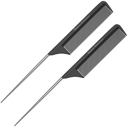 Picture of Professional 8.8 Inch Tail Comb (2 Pack) - Black Carbon Fiber And Stainless Steel Pintail - Anti Static And Heat Resistant Teasing Comb - Lightweight Tail Comb For All Hair Types By Bardeau Essentials