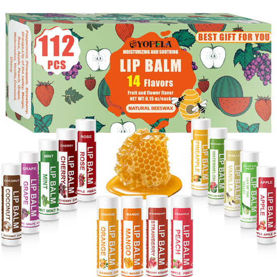 Picture of YOPELA 112 Pack Natural Lip Balm Bulk Lip Moisturizer with Vitamin E and Coconut Oil - Hydrating, Moisturizing, Soothing, and Repairing Dry and Chapped Lips Valentine's Gift - 14 Flavors - Non-GMO