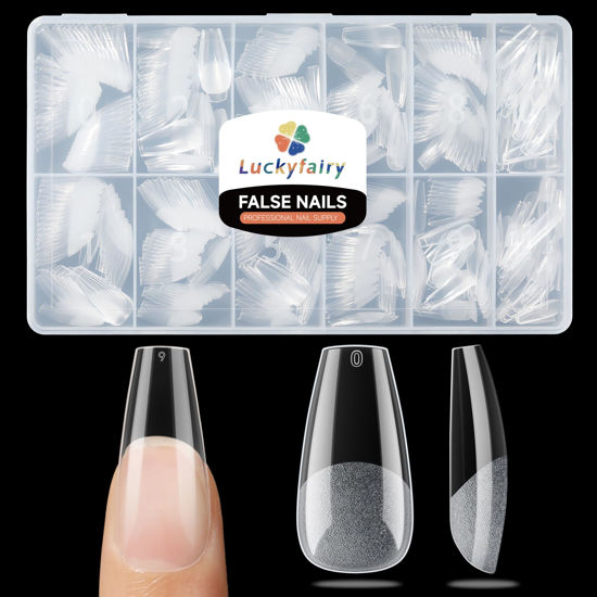 Picture of Medium Gel x Coffin Nail Tips, 504pcs Soft Gel Pre-Shaped Acrylic Fake Nails, Half Matte Full Cover Clear Press on Flase Nail Tips for Extension Nail Manicure Home DIY 12 Sizes Gelly Tips