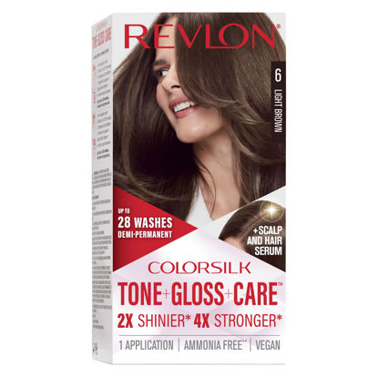 Picture of Revlon ColorSilk Tone + Gloss + Care Demi Permanent Hair Color, Hair Dye with Leave in Scalp and Hair Serum, 2x Shinier, 4x Stronger, 6 Light Brown, 4.5 fl. oz