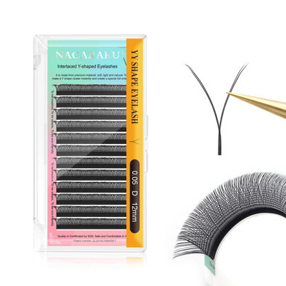 Picture of NAGARAKU yy Eyelash Extensions Supplies y lash 0.05mm D curl 12mm Premade Fans 4D Russian Volume Y Shape Faux Mink Matte 12 rows Cluster pre Fanned Wispies Crisscross Eye Lashes