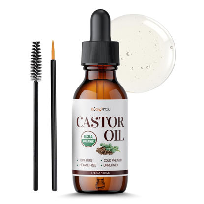 Picture of BodyJ4You Organic Castor Oil for Hair Growth: Natural Serum for Eyelashes and Eyebrows - Glass Bottle 1 Fl Oz