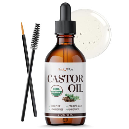 Picture of BodyJ4You Organic Castor Oil - Pure 100% USDA Certified Cold Pressed - Natural Hair Growth Eyelashes Eyebrows Veganic - Rich Hydration Healthy Skin Moisturizer Lash Serum Brow - 2 Fl Oz