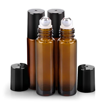 Picture of sungwoo 4 Pack Essential Oil Roller Bottles Stainless Steel, 10ml Amber Glass Roller Bottles with Caps for Travel, Perfume and Lip Gloss