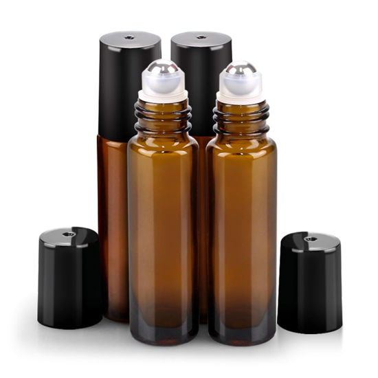 Picture of sungwoo 4 Pack Essential Oil Roller Bottles Stainless Steel, 10ml Amber Glass Roller Bottles with Caps for Travel, Perfume and Lip Gloss