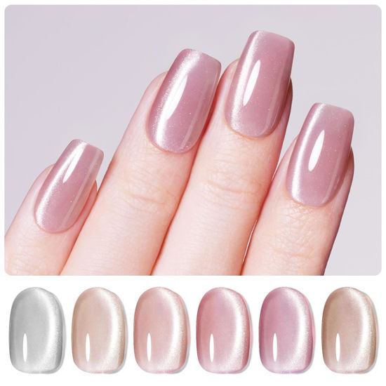Picture of Beetles Cat Eye Gel Nail Polish Set, 6 Color Jelly Shimmer Glass Spring Gel Nail Polish with Magnet Nude Reflective Clear Champagne Pink Purple Magnetic Gel Polish Valentine's Day Gifts for Women