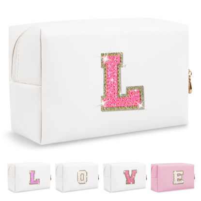 Picture of Small Personalized Initial A-Z Patch Makeup Bag,White Cute PU Leather Glitter Letter Cosmetic Bag for Teen Girls,Travel Toiletry Bag with Zipper,Preppy Monogrammed Birthday Gift for Daughter Niece L