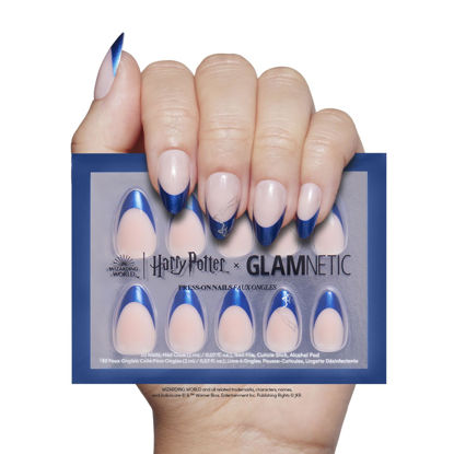 Picture of Harry Potter™ x Glamnetic Press On Nails - Ravenclaw™ | Blue Chrome French Tip Eagle Graphic Short Almond False Nails, Reusable Stick On Fake Nails with Glue | Salon Quality | 15 Sizes - 30 Nail Kit