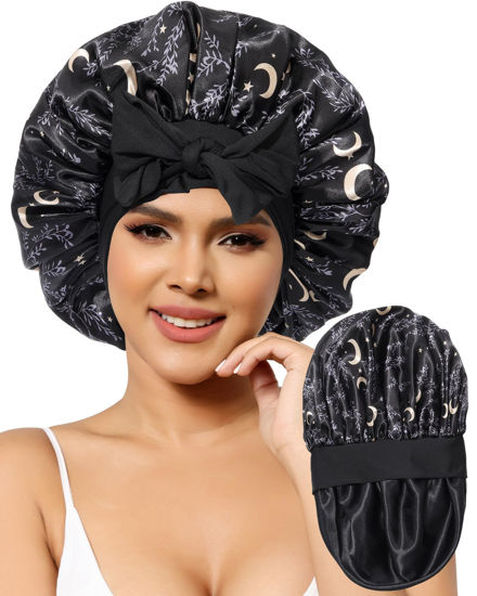 Picture of Satin Bonnet for Women Silk Bonnets for Sleeping Curly Hair Bonnet with Elastic Tie Band Reversible Double Layer Sleep Cap Hair Wrap (Black)