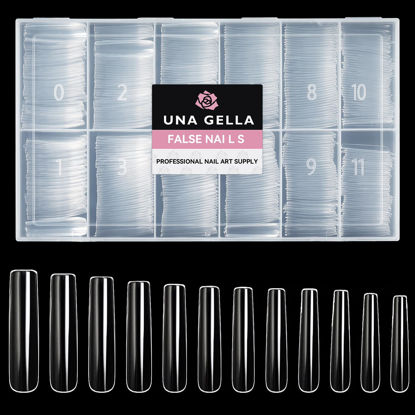 Picture of UNA GELLA Extra Long Tapered Sqaure Nail Tips Full Cover 504pcs No C Curve Clear Gel Nail Tips XXL Long Straight Nails Tips Acrylic Nails Long Square Gel X Nails for DIY Nail Art 12 Sizes