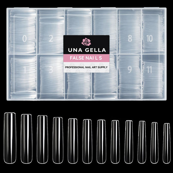 Picture of UNA GELLA Extra Long Tapered Sqaure Nail Tips Full Cover 504pcs No C Curve Clear Gel Nail Tips XXL Long Straight Nails Tips Acrylic Nails Long Square Gel X Nails for DIY Nail Art 12 Sizes