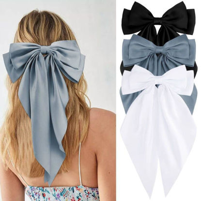 Picture of Velscrun 3Pcs Hair Accessories for Women - Black, White, and Navy Blue Oversized Satin Bows with Long Tails and Clips for Girls - Hair Barrettes Gift Set