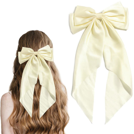 Picture of Women Big Bow Barrettes Girl's Satin Hairclips Long Ribbon Hair Pins Accessories For Party (Beige)