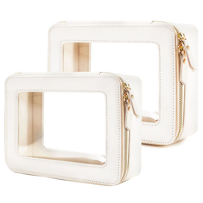 Picture of Aveniee Clear Makeup Bag Organizer, Portable Travel Toiletry Cosmetic Case for Women, Vegan Leather Make Up Pouch with Clear Windows & Gold Zippers 2pcs(Middle+Large)- White