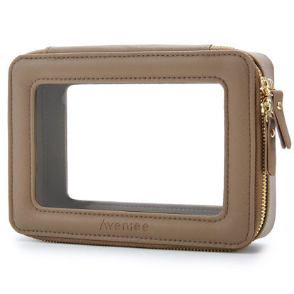 Picture of Aveniee Clear Makeup Bag for Women, Clear Cosmetic Case Travel Toiletry Bag, Heavy Duty Make up Bag Organizer with Clear Windows & Gold Zippers(Taupe)
