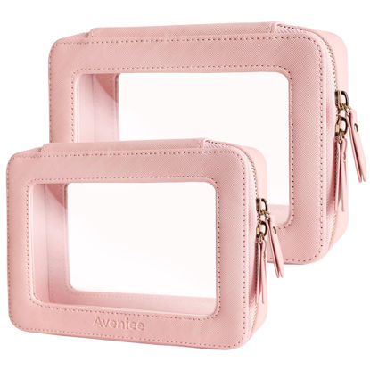 Picture of Aveniee Clear Makeup Bag Organizer, Portable Travel Toiletry Cosmetic Bag Case for Women, Heavy Duty Vegan Leather Make Up Pouch Car Bag for Essentials 2pcs(Middle & Large) - Pink