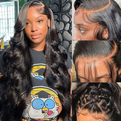 Picture of Pizazz 13x6 HD Transparent Lace Front Wigs Human hair Pre Plucked 180 Density Brazilian Body Wave Frontal Wigs Human Hair with Baby Hair Natural Hairline Natural Black Color 20 Inch