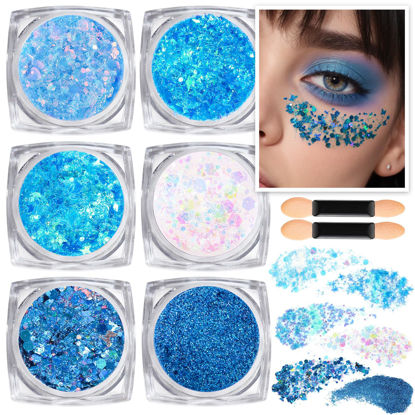 Picture of Teenitor Body and Face Glitter, Blue Body Glitter, Hair Glitter Gel, 6 Shapes Festival Makeup Glitter Gel for Face, Body, Hair, Glitter for Body Makeup