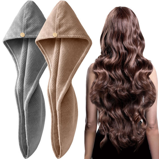 Picture of YFONG 2 Pack Large Microfiber Hair Towel Wrap for Women, Thicken Super Absorbent Quick Dry Hair Turban for Drying Curly Long Thick Hair Anti Frizz, Hair Drying Towel with Button for Wet Hair