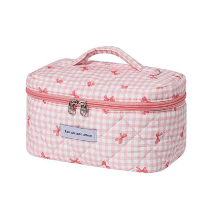 Picture of uekeboag Large Travel Quilted Makeup Bag for Women, Floral Cotton Cosmetic Bag, Coquette Aesthetic Floral Toiletry Organizer Bag(11Checker Pink Bow