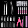 Picture of MORGLES 500 Pcs Clear Acrylic Nail Tips Square Full Cover with Nail Clipper Files and Glues Cuticle Fork for Home DIY with Box