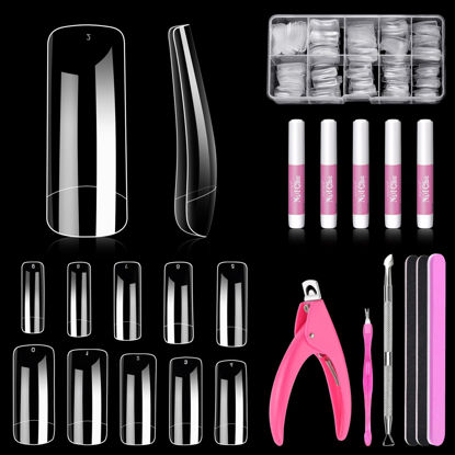Picture of MORGLES 500 Pcs Clear Acrylic Nail Tips Square Full Cover with Nail Clipper Files and Glues Cuticle Fork for Home DIY with Box