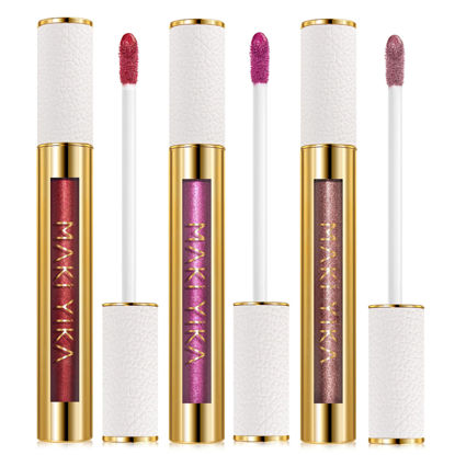 Picture of MAKI YIKA 3Pc Metallic Lipstick for Women, Red Pink Brown Glitter Lipstick, Long Lasting Lipstick Smudge Proof, Full-Coverage Liquid Lip Gloss (Red/Pink/Nude)