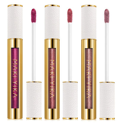 Picture of MAKI YIKA 3Pc Metallic Lipstick Long Lasting, Hot Pink Red Brown Glitter Lipsticks, High Shine Lipstick No Smudge No Transfer Liquid Lip Gloss (Hot Pink/Red/Brown)