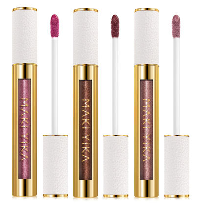 Picture of MAKI YIKA 3Pc Metallic Lipstick Long Lasting Pink Brown Nude Glitter Lipsticks High Shine Lipstick No Smudge No Transfer Liquid Lip Gloss (Pink/Nude/Brown)