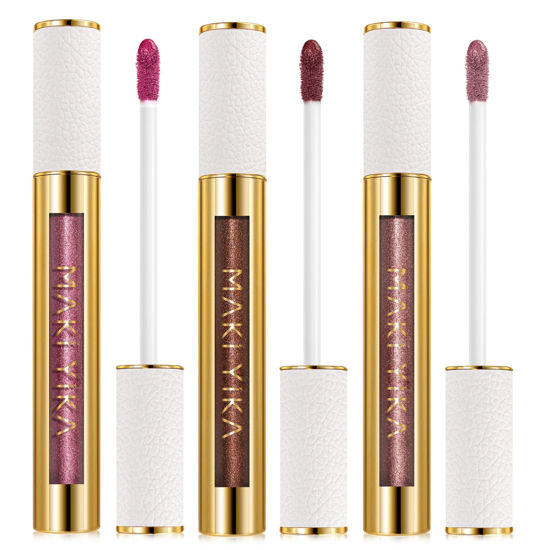 Picture of MAKI YIKA 3Pc Metallic Lipstick Long Lasting Pink Brown Nude Glitter Lipsticks High Shine Lipstick No Smudge No Transfer Liquid Lip Gloss (Pink/Nude/Brown)