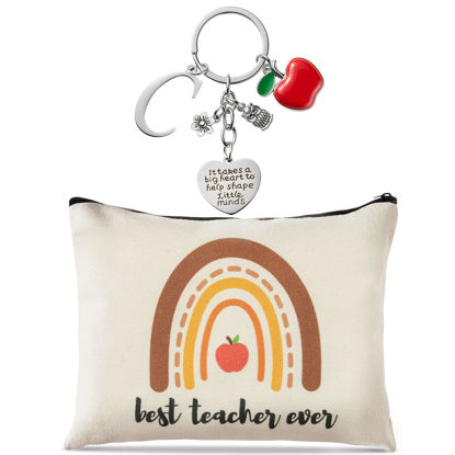 Picture of DGjianfei 2pcs Teacher Appreciation Gift Set Best Teacher Ever Makeup Pouch and Thank You Initial Letters Keychain Canvas Cosmetic Bag Zipper Pouch Thanksgiving Christmas Graduation Gift for Teacher