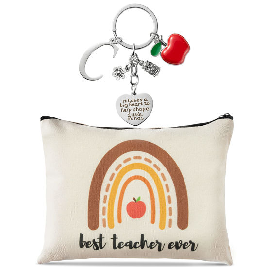 Picture of DGjianfei 2pcs Teacher Appreciation Gift Set Best Teacher Ever Makeup Pouch and Thank You Initial Letters Keychain Canvas Cosmetic Bag Zipper Pouch Thanksgiving Christmas Graduation Gift for Teacher