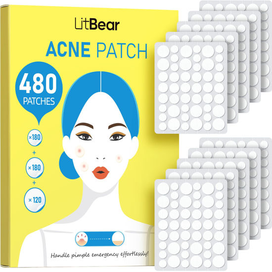 Picture of LitBear Pimple Patch Bulk, 480 Patches 3 Size Acne Patches for Face, Hydrocolloid Spot Stickers for Covering Zits, Blemishes, and Breakouts, Suitable for All Skin Types