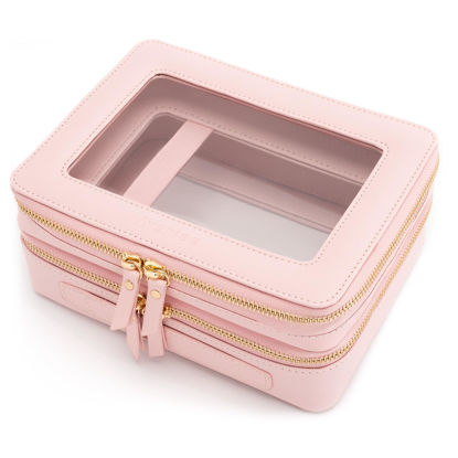 Picture of Aveniee Large Clear Makeup Bags, Double Layer Cosmetic Bags with Separate Brush Compartment, Travel Toiletry Bag Cosmetic Train Case, Travel Accessories Organizer for Women(2 Layers, Pink)