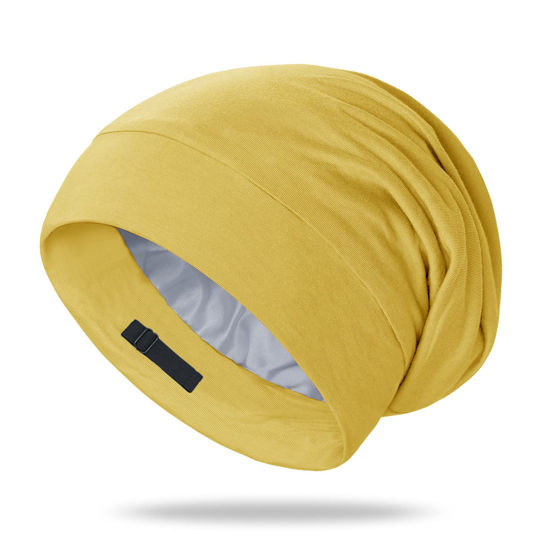 Picture of OLESILK 100% Mulberry Silk Bonnet for Sleeping Women, Silk Hair Wrap for Sleeping, Silk Sleep Bonnet for Women&Men, Real Silk, Not Satin, Yellow