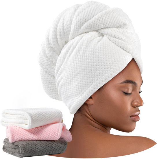 Picture of Umisleep 3 Pack Microfiber Hair Towel Wrap for Curly Hair, Super Absorbent Hair Drying Towel for Women, Kids, Hair Care Accessories, Hair Turban for Wet Hair (Grey, White, Pink)