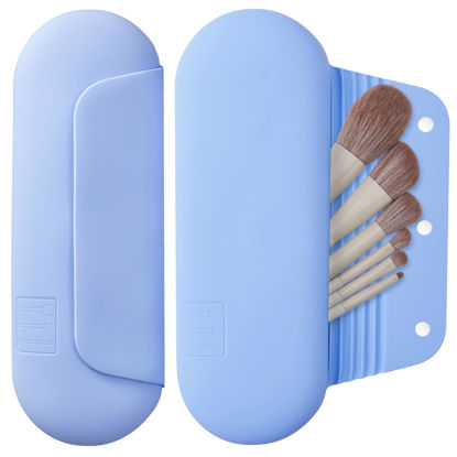 Picture of AGIKET Silicone Makeup Brush Holder Travel Cosmetic Bag：Soft Portable Cosmetic Face Brushes Holder with Upgrade Anti-Fall Out Magnetic Closure, Large Travel Makeup Brush Case - Blue