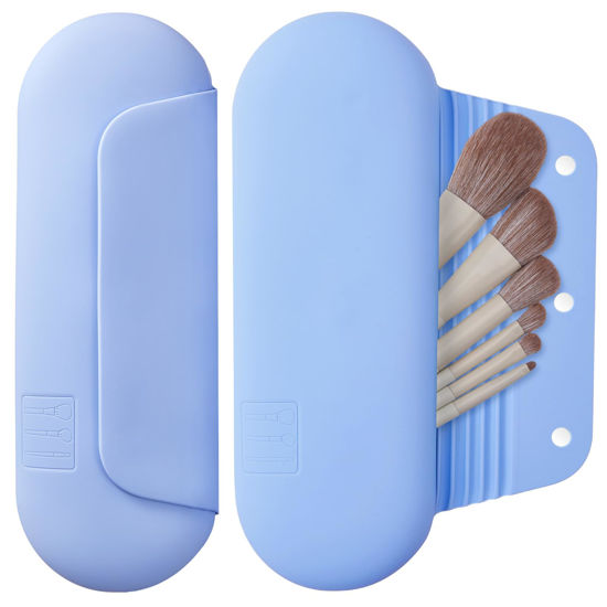 Picture of AGIKET Silicone Makeup Brush Holder Travel Cosmetic Bag：Soft Portable Cosmetic Face Brushes Holder with Upgrade Anti-Fall Out Magnetic Closure, Large Travel Makeup Brush Case - Blue