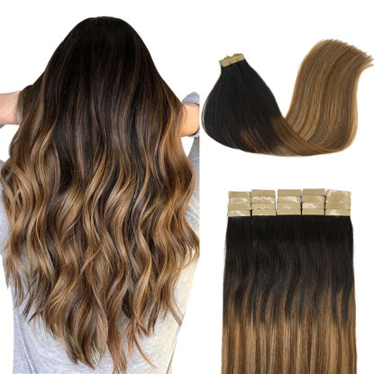 Picture of DOORES Tape in Human Hair Extensions, Balayage Dark Brown to Chestnut Brown and Dirty Blonde 26 Inch 60g 20pcs, Remy Hair Extensions Tape in Natural Hair Extensions Human Hair