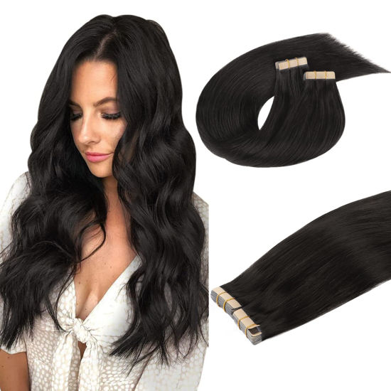Picture of DOORES Tape in Hair Extensions, Natural Black 26 Inch 120g 40pcs, Hair Extensions Tape in Hair Extensions Human Hair Long Straight Hair Remy Hair Extensions Skin Weft