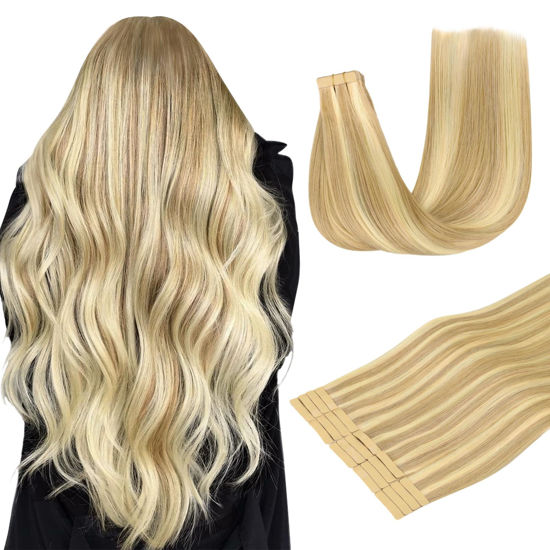 Picture of DOORES Human Hair Tape in Extensions, Drity Blonde Highlight Golden Blonde 20pcs 50g 18 Inch, Tape in Hair Extensions Invisible Hair Tape in Remy Straight Hair