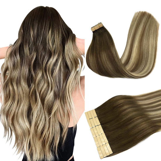 Picture of DOORES Hair Extensions Real Human Hair, Balayage Walnut Brown to Ash Brown and Bleach Blonde 26 Inch 20pcs 60g, Human Hair Extensions Tape in Real Hair Extensions Straight
