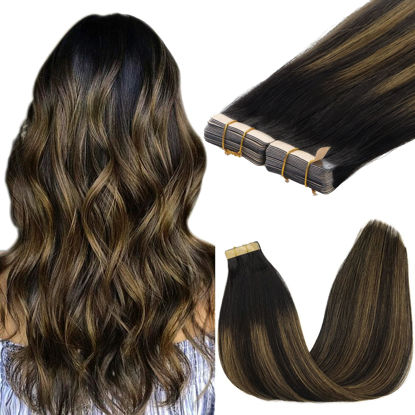 Picture of GOO GOO Tape in Hair Extensions Human Hair, 1B/6/1B Balayage Natural Black to Chestnut Brown, 18inch 100g 40pcs, Thick Ends Straight Seamless Tape in, Invisible Tape in Hair Extensions Human Hair
